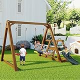 Generisch Kinderschaukel Set mit Rutsche & Kletterwand – Robustes Outdoor-Spielgerüst aus Massivholz für Gärten ab 3+ Jahren – Doppelschaukel 2x50kg Tragkraft + Sicherheitsgriffe