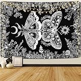 Alishomtll Schmetterling Sonne und Mond Schwarz und Weiß Wandteppich, Botanische Blume Schwarz Wandtuch, Schlafzimmer Schlafsaal Ästhetische Dekorative Wandbehang, Schwarz 210x150cm