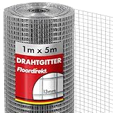 Floordirekt Volierendraht Drahtgitter feinmaschig 100cm hoch x 5m lang Hochbeet 4-Eck Drahtgeflecht, Nagergitter, Vogeldraht, Volierengitter, Gitterdraht, Drahtzaun verzinkt Maschen-Weite 13x13mm