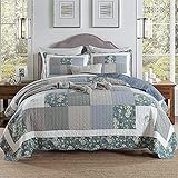 SnamicE Nordic Stil Patchwork Bettdecke Set 3PCS Blau Floral Bettwäsche Baumwolle Quilts Bettdecken King-Size Quilt Set Bettdecke