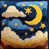XvvwEndlessx Diy Kissenbezug Mit Knüpfhaken-Set Sterne Und Mond Knüpfkissen Set Zum Selber Knüpfen Für Erwachsene Und Anfänger,Latch Hook Cushion Kit,Kreatives Basteln Ideal Für Home Decor 43X43Cm