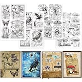 GLOBLELAND 4 Blatt Vintage Hintergrund Transparenter Stempel Für Scrapbooking Pilze Blumen Silikonstempel Krähen Insekten Textur Transparentes Stempelset Für Kartengestaltung DIY Prägen Journaling