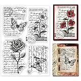 GLOBLELAND Vintage Blumen Klare Stempel für DIY Scrapbooking Dekor Skizze Schmetterlinge Handgeschriebener Text Rosen Mohnblumen Transparente Silikonstempel zum Erstellen von Karten Fotoalbum