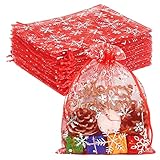 HRX Package 100 Stück Organzasäckchen Weihnachten, 13x18 cm Rot Geschenksäckchen Schmucksäckchen Organzabeutel mit Organzaband Zugband Organza Säckchen