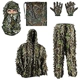 PELLOR 3D Ghillie Tarnanzug, Dschungel Ghillie Suit Woodland Camouflage Anzug Kleidung mit Camouflage Kappen Handschuhe für Jagd Verdeckt,6-teilig (M)