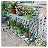 Pflanztisch für den Außenbereich, Metall, 2-stöckig, Gartenarbeitsplatz mit offenen Regalen zum Bepflanzen, grün, ideal für Terrasse und Gartenarbeit