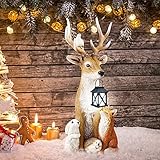 TETSMG Gartenfigur Gartendeko Figuren Elch Gartenfiguren aus Kunstharz Weihnachten Hirsch und Freunde Gartenwichtel| Gartenfiguren für Außen mit Laterne(Hirsch)