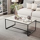 FATIVO Couchtisch Marmor Weiß Modern: Rechteckiger Skandinavisch Kaffeetisch Wohnzimmertisch mit schwarz Metallgestell - Beistelltisch für Wohnzimmer 100x60x40cm
