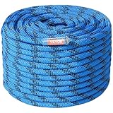 VEVOR statisches Kletterseil 12,7 mm, 60,9 m Outdoor-Kletterseil aus Polyester, 30 kN Bruchfestigkeit, Faserseil Mehrzweckseil mit Stahlkarabinerhaken für Flucht, Abseilen, Brandrettung, Blau