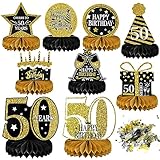 skytowards 9 STK 50. Geburtstag Tischdeko Set Vintage Bienenwaben Deko Tischaufsätze Party Zubehör 50 Geburtstag Dekoration Schwarz Gold mit Happy Birthday Konfetti Gold für 50 Geburtstag Frau Mann