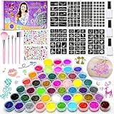 Glitzer Tattoo Set, 48 Farben Temporäre Glitzertattoo mit 204 Schablonen, 5 Pinsel, 3 Kleber und 218 Strasssteinen Wasserdichte Tattoos für Partys