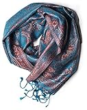 ufash Pashmina 100% Seidenschal aus Indien für Damen & Herren, Paisley Muster, 160 x 35 cm - Schal aus reiner Seide, Blau