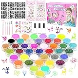 ZZQVIP Glitzer Tattoo Set Kinder, 42 Farben Glitzerpulver, Temporäres Glitzertattoos für Mädchen, 156 Schablonen, 5 Pinsel, 200 Strasssteine,3 Frostschutzmittel Kleber, für ab 3 Jahren Geschenk