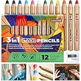 colozoo 3 In 1 Farbstifte Set | 12 Farben Dicke Buntstifte Set inklusive Pinsel und Anspitzer | Ungiftige und Vegane Farben für Kinder ab 3 Jahren