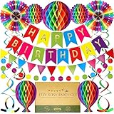 Premium Wiederverwendbare Geburtstagsdeko - Party Deko, Kindergeburtstag Deko, Geburtstag & Party Zubehör - Happy Birthday Girlande, Wimpelkette Geburtstag, Wabenbälle, Pompons Deko, Regenbogen Deko