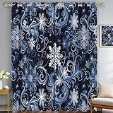 Handgemalte Schneeflocken Gardinen, Vorhänge Ethnische Streifen Marineblau Wohnzimmer Schlafzimmer, Fenster Verdunklungsvorhänge Mit Ösen, Blickdichte Vorhänge, 2Er Set Curtains, H245Xb140 cm