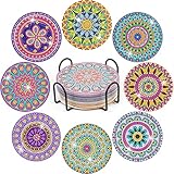 YAOYIN Diamond Painting Untersetzer, 8er Set DIY Erwachsene mit Halter, 5D Diamond Painting Kinder Art Mandala, Kerzen Rund Boho Für Gläser Weingläser Vasen