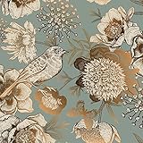 ReWallpaper Selbstklebende Tapete Grün Gold Blumentapete Selbstklebend Tapete Türkis Gold Mit Vögeln und Blumen Fototapete Vintage 44.5CM X 3M Klebetapete Selbstklebend Wand Klebefolie Möbel Muster