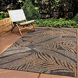 In & Outdoor Teppich Wetterfest Wohnzimmer Balkon Küchenteppich Terrassenteppich Flachgewebe Sisaloptik mit Muster blätter schwarz 120x160 cm