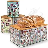 WENKO DIE BESSERE IDEE Brotkasten Brotbox Garden aus Metall mit luftdichten Bambus Deckel rechteckig, inkl. 3-er Set Vorratsdose Aufbewahrungsdosen zur Lebensmittelaufbewahrung