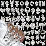 50pcs 3D Silber Nail Charms Luxus Strasssteine Nägel Legierung Schmetterling Nailart Anhänger Metall Nagel Schmuck Schleife Bär Edelsteine Herz Stern Blume Glitzersteine Nageldesign Nail Art Zubehör