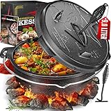 KESSER® Dutch Oven Set BBQ 9 Liter, Feuertopf Schmortopf mit Füßen, Gusseisen Topf mit Deckelheber Henkel und Schlitz für Themormeter, kochkessel Grilltopf Gulaschkessel für Oudoor & Indoor