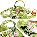 burgkidz Dinosaurier Rennstrecken Spielen Fahrzeuge Spielzeug Set, 387 Stück Flexible Dinos Bahngleise mit 360 Loop und Auto Turntable Spielset, 2 Rennwagen, Geschenk für Kinder ab 3 Jahren