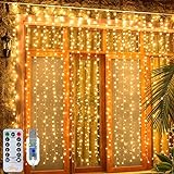 Ollny Lichtervorhang innen aussen, 3x3m 300 LED Lichterkette außen innen USB mit Fernbedienung Timer, dimmbar Lichterketten Vorhang für Fenster Weihnachten Schlafzimmer Wand(warmweiß)