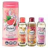 Balea 4er-Set Hautpflege: Duschgel PINK GRAPEFRUIT sanft mit intensivem Duft (300 ml) + Hautöl SENSE OF APRICOT (100 ml) + Massageöl CALM FEELING (100 ml) + Pflegeöl PARADISE DREAMING (100 ml), 600 ml