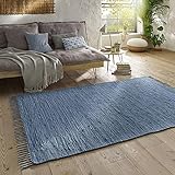 Taracarpet Handwebteppich Läufer Fleckerl Teppich Uni waschbar aus Baumwolle für Wohnzimmer und Küchenteppich 070x140 cm blau