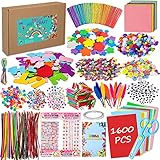 LPAOIS Bastelset Kinder 1600+Pcs Kunst und DIY Handwerk für Kinder, Bastelzubehör Scrapbooking Bastelset Glitter Pompons,Federn,Knöpfe, Pailletten,Pfeifenreiniger,Perlen,Geschenk für Kinder