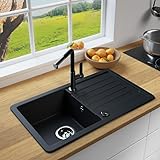 LINDBERGH® Granit Spüle + kompl. Siphon und Imprägnierung mit Abtropffläche, Einbauspüle Küchenspüle Spülbecken - Verbundstoffe MADE IN GERMANY (VEL44-760 x 440 mm (Schwarz))