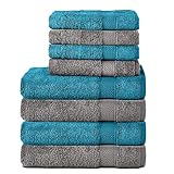 Komfortec 8er Handtuch Set aus 100% Baumwolle, 4 Badetücher 70x140 und 4 Handtücher 50x100 cm, Frottee, Weich, Towel, Groß, Anthrazit/Türkis