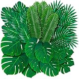 54er-Pack künstliche Tropische Blätter (6 Stile) – Verschiedene grüne Kunstpalmen- und Monstera-Stängel für Dschungel-, Luau- und Partydekor.