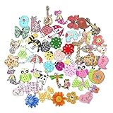 50 Stück Knöpfe, Tiere Mixed Holzknöpfe, Bastelknöpfe, Puppenknöpfe mit 2 Löchern, Bunt Kleine Knöpfe Kinder für Nähen Handwerk Scrapbooking und DIY Handgefertigte Verzierung Deko