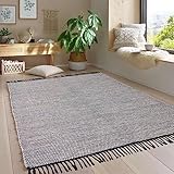 Taracarpet Handwebteppich Borkum Teppich fürs Wohnzimmer, Schlafzimmer und als Küchenteppich geeignet 100% Baumwolle grau 120x170 cm