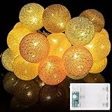 LED Lichterkette Baumwollkugeln，3,35m 20er Ø35 mm Cotton Ball Lichterketten Kugeln batterie，Immer an + Timer funktion，Nachtlicht für Weihnachten，lichterkette kinderzimmer Deko（Warmweißes Licht）