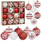 Meleager 6cm Christbaumkugeln Rot Weiß, 16PCS Weihnachtsbaumkugeln Kunststoff, Weihnachtsbaum Kugeln, Bemalte Baumschmuck Weihnachtskugeln, Plastikkugel Christbaumschmuck Hängedekorationen