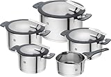 ZWILLING Simplify Kochtopfset, 5-teilig, Mit integriertem Sieb im Deckel, Glasdeckel, Induktionsgeeignet, unbeschichtet, Edelstahl, Silber-Schwarz