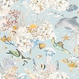 Rasch Tapete 301328 - Hellblaue Vliestapete mit bunter Unterwasserwelt und Fischen; Bunte Kinderzimmer-Tapete - 10,05m x 0,53m (LxB)