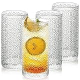 POLIDREAM Set mit 4 geprägten Glasbechern im Vintage-Stil, Art-Deco-Glaswaren, 4 hohe Kristallgläser, ideal für Whiskey, Bier, Saft, Wasser, perfekt für Zuhause, Bars, Partys