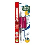 Ergonomischer Schulfüller für Rechtshänder mit Anfänger-Feder A - STABILO EASYbirdy in beere/pink - inkl. Patrone und Einstellwerkzeug - blau (löschbar)