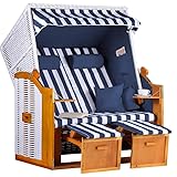 MR. DEKO® Strandkorb Ostsee Volllieger 2-Sitzer | PE Geflecht Weiß Bezug Uni blau | inkl. 4 Kissen & Klapptisch | Strandstuhl verstellbar | Strandkörbe aus Hartholz mit Fußablage (Dessin Blau Weiss)