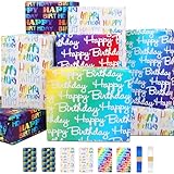 Geschenkpapier Geburtstag,Bunte Geburtstags Geschenkpapier Set mit 6 Geschenkpapier Happy Birthday,6 Anhängern,2 Band,Packpapier Geschenkpapier Jungen Männer Kinder Geburtstagspapier